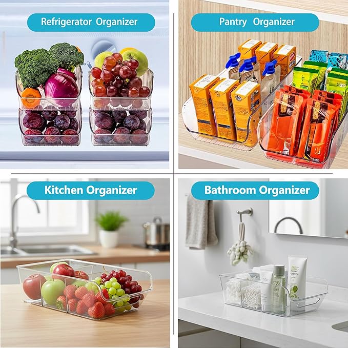 Pantry Organizers and Storage,Clear Plastic Containers with 2 Dividers for Kitchen,Fridge,Freezer Organization and Storage,Acrylic Bins for Pounches,Spice Packet,Snack organzier (4 Pack)