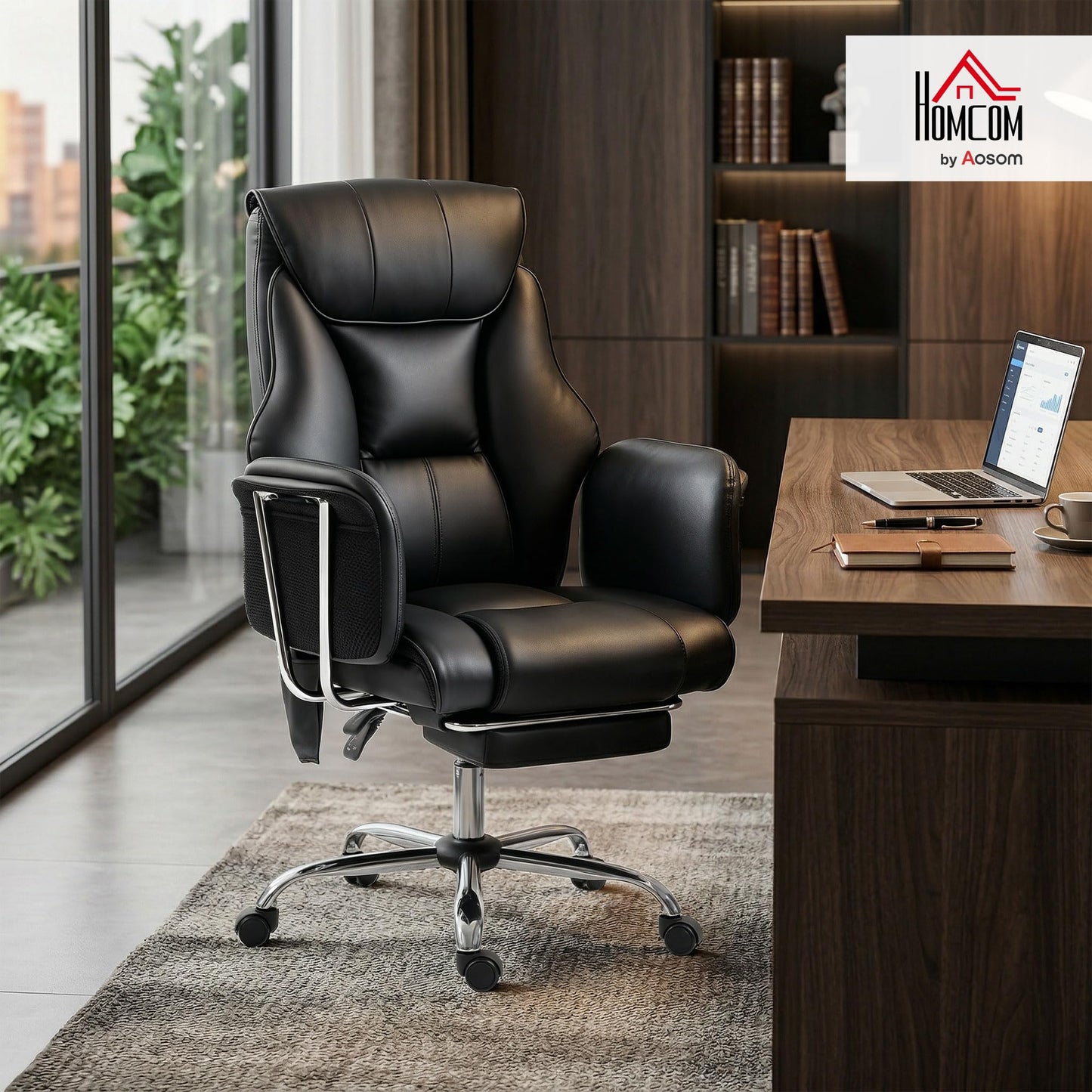 HOMCOM Massage Office Chair with 6-Point Vibration, Overstuffed Reclining Desk Chair with High Back, PU Leather, Footrest, Thick Spring Cushion, Lumbar Support, Adjustable Height, Swivel Wheels, Black