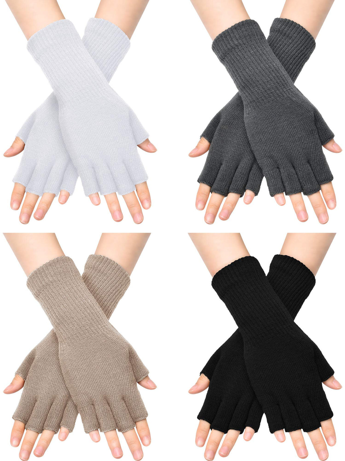 SATINIOR Winter Fingerless Gloves for Women Half Finger Typing Gloves with Long Wrist Cuff Knit Fingerless Mittens for Women(Black, White, Dark Grey, Light Tan,4 Pairs)