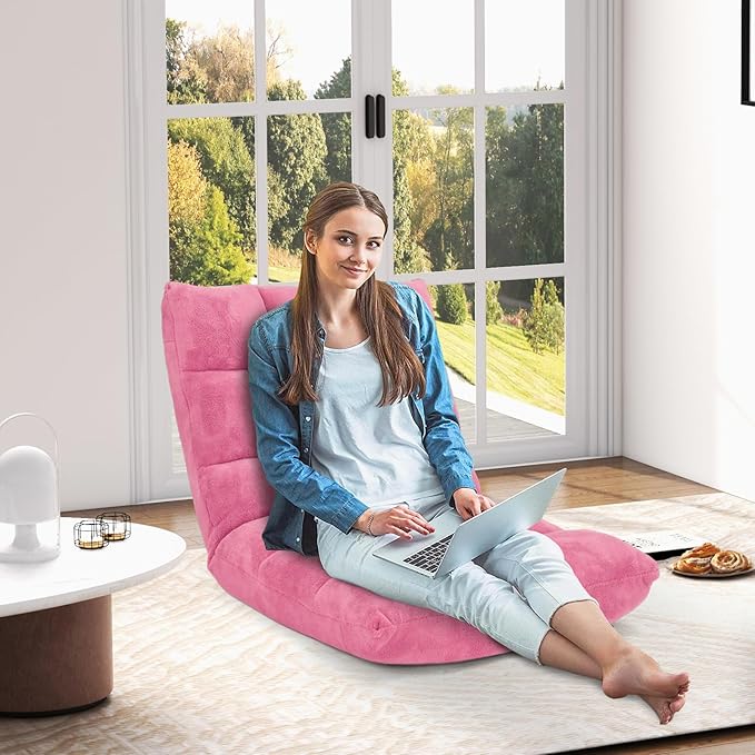 MAT EXPERT 14-Position Floor Chair, Floor Gaming Chair w/Soft Coral Fleece, Alloy Steel Frame, Padded Lazy Couch Recliner, Floor Chair with Back Support for Reading, Meditating, Playing Game (Pink)