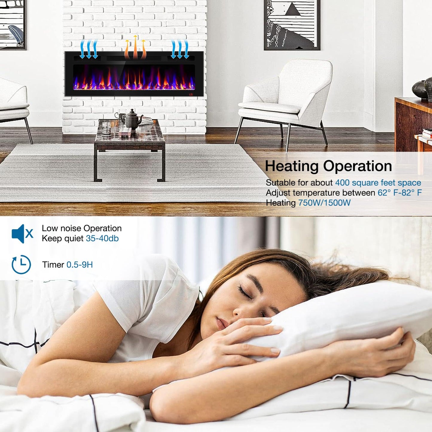 50 Inch Electric Fireplace Recessed and Wall Mounted, Fireplace Heater and Linear Fireplace, Ultra-Thin Electric Fireplace, Low Noise, with Timer, Remote Control, Adjustable 12 Flame Color, 750/1500W