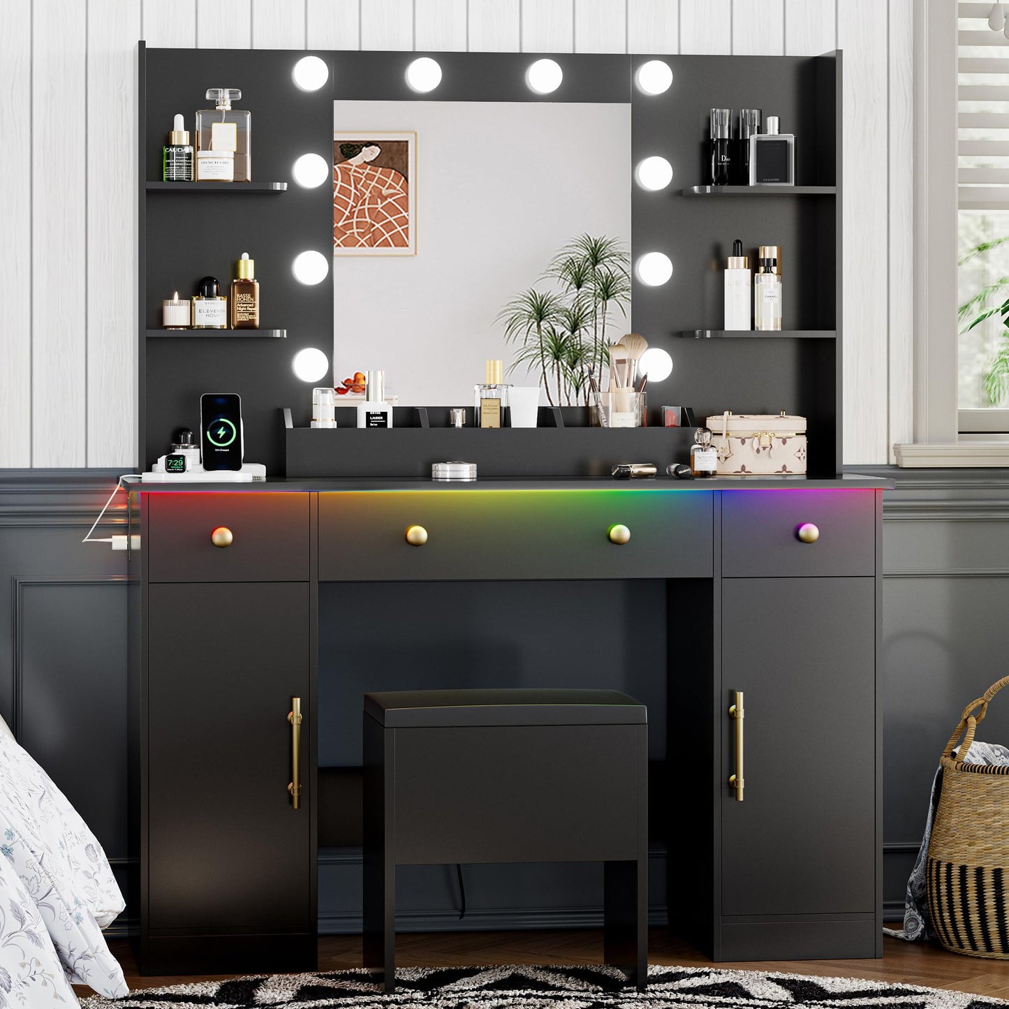 Vanity Desk with Mirror and Lights, Makeup Dressing Table Set with Storage Drawers & Stool, Power Outlet, 3 Lighting Modes Adjustable Brightness & RGB Ambient Light for Women Girls Bedroom, Black