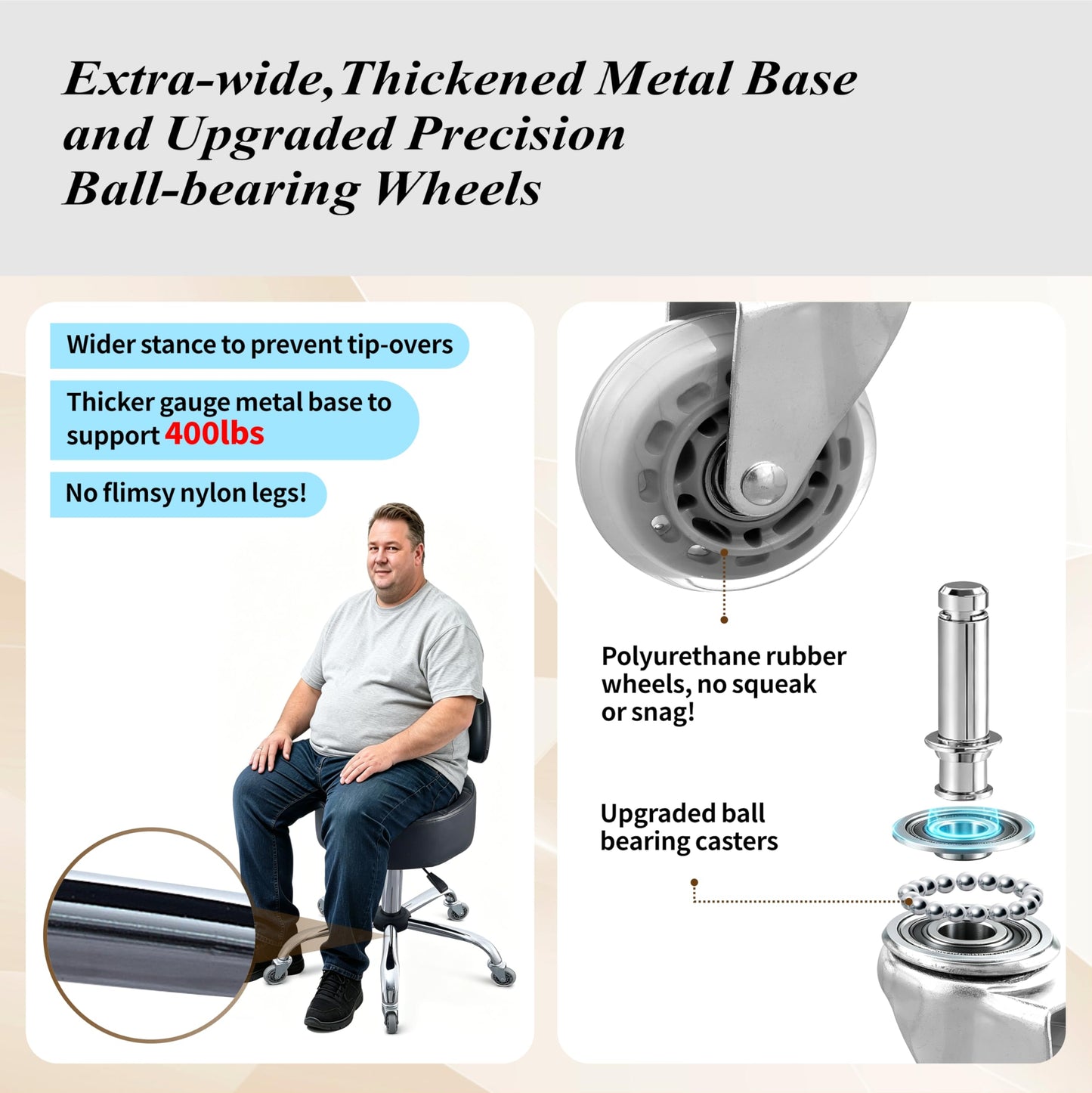 Ergonomic Drafting Stool with Backrest, 400LB Heavy Duty Hydraulic Stool, 19-25 Inch Adjustable Height Rolling Stool Chair with Lumbar Support for Standing Desk, Salon, Tattoo, Kitchen, Home Office