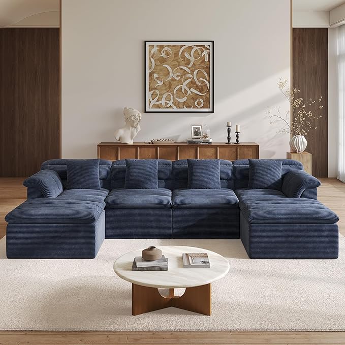 SUNG7 142" Modular Sofa with Ottoman, Boneless Cloud Couch with Deep Seat, Comfy U-Shape Corduroy Couches for Living Room, No Assembly Required, Blue