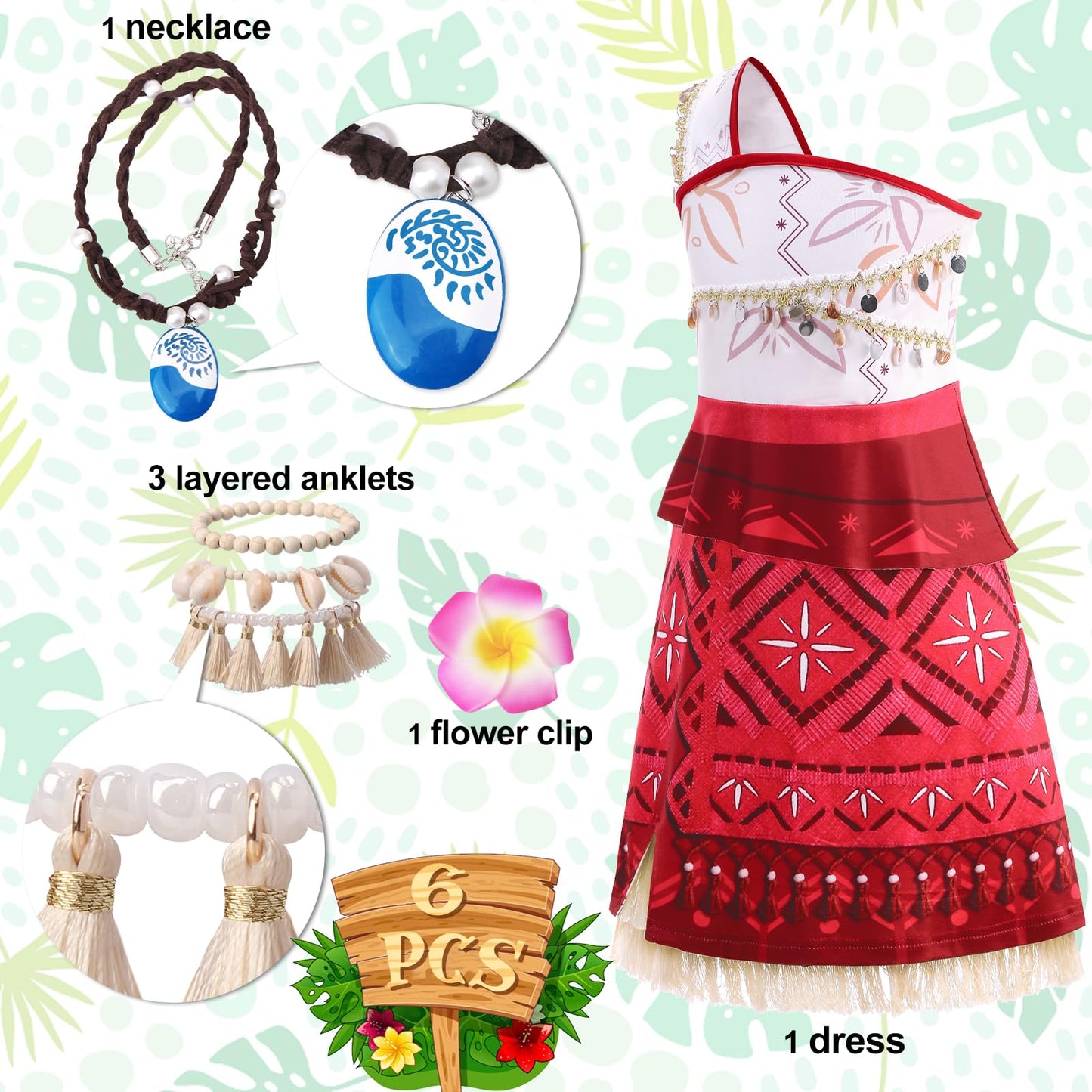 OFIHIDO Princess Costume for Girls Ocean Adventure,Princess Dress Up for Kids,Halloween Costume Birthday Gifts (8-9Years) Red