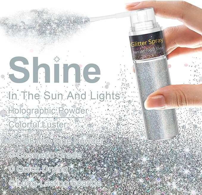 Hair and Body Glitter Spray, 1PC Hair Glitter Extra Fine Face Shimmer Powder for Clothes, Festival Loose Sparkle Powder for Rave Clothes Nail Art Easter Halloween Crafts (Silver)