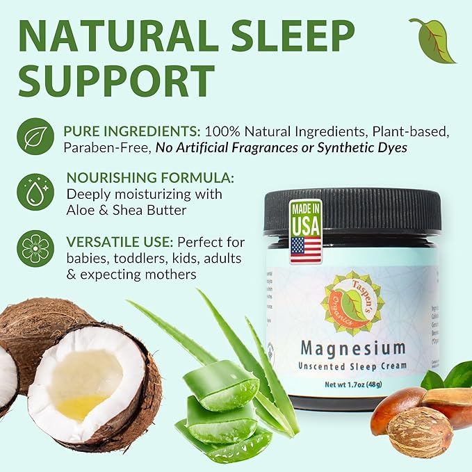 Taspen's Organics Magnesium Unscented Sleep Cream | Natural Nighttime Topical Magnesium for Babies, Toddlers, Kids & Pregnancy | Promotes Relaxation, Deep Sleep & Soothes Muscles (1.7 oz)