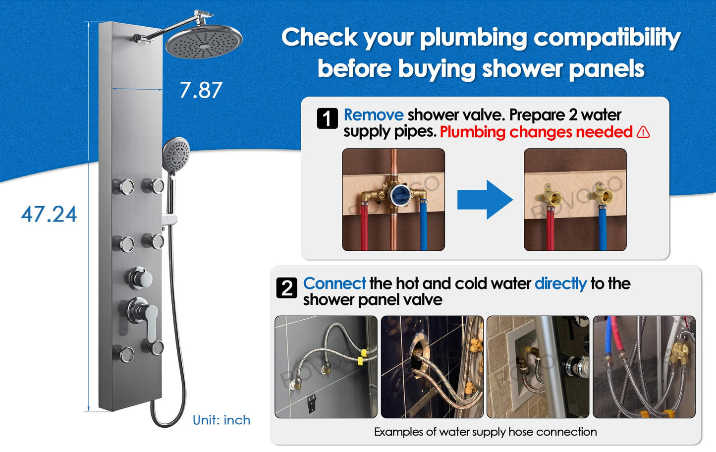 ROVOGO Shower Panel Tower System with Adjustable Rainfall Head, 6 Body Jets and 5-Setting Handheld, Mixer Valve Included, Stainless Steel, Brushed