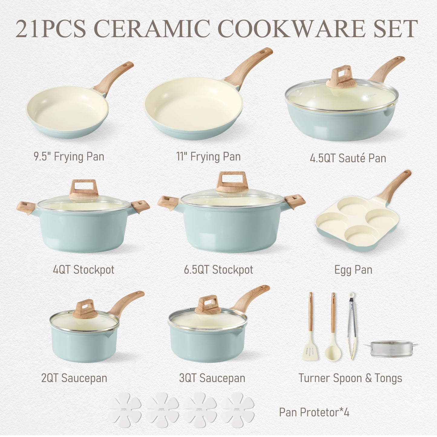 CAROTE 21-Piece Ceramic Pots and Pans Cookware Set, Non Stick Induction Cook Ware Kitchen Cooking Set Non-Toxic Health, PFAS Free