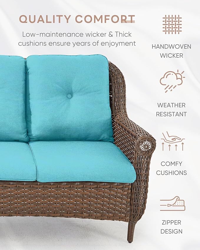 ACTREST Patio Sofa Outdoor Wicker Couch - Heavy Duty All-Weather Brown Rattan 3-Seater with High Back and Comfortable Thick Cushions for Garden Back Porch Poolside Apartment - Turquoise