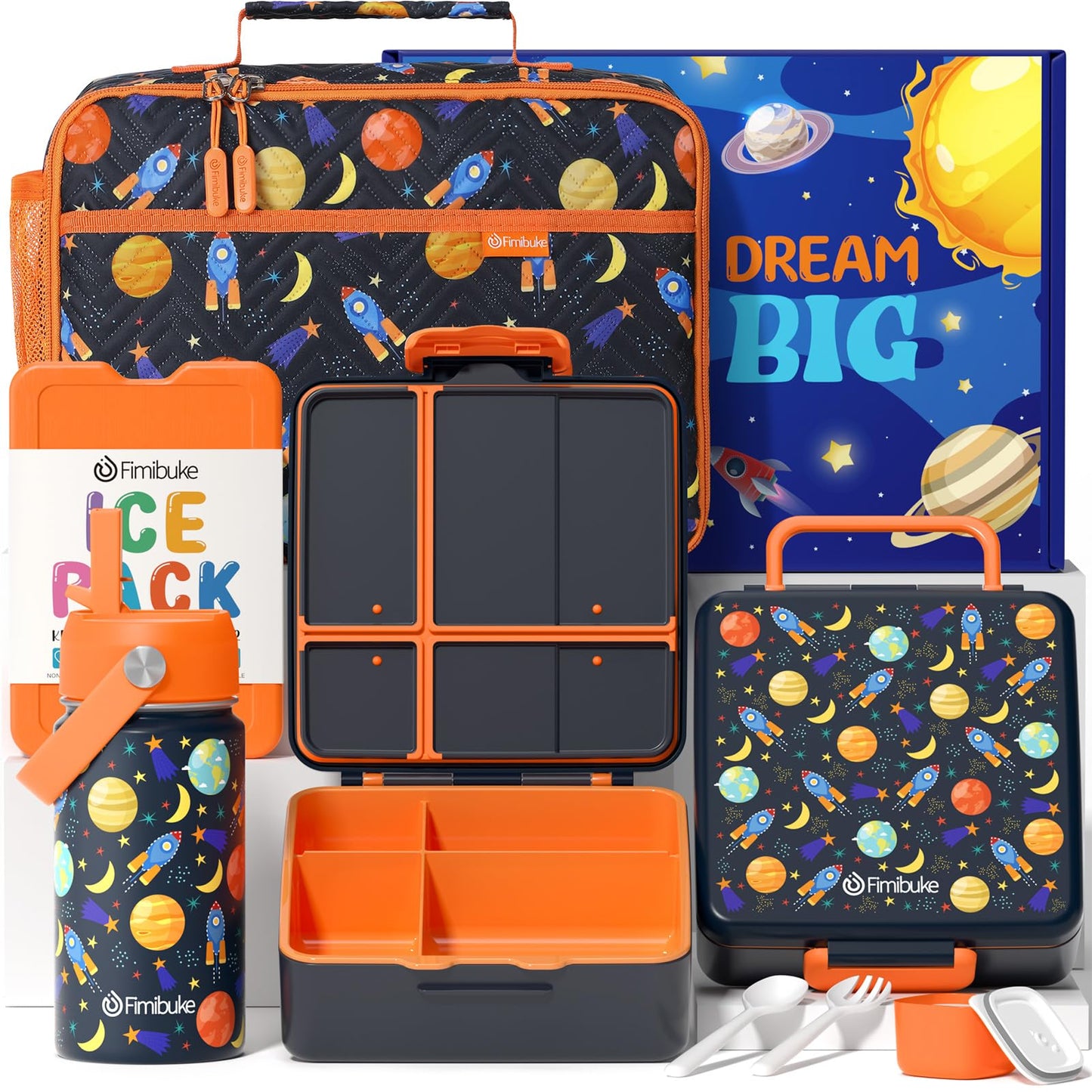 Fimibuke Kids Bento Lunch Box with 4 Compartments, Insulated lunch Bag, Stainless Steel Insulated Water Bottle, Ice Pack & Utensils Set, Birthday Gifts for Ages 3-12 Back to School Toddler Girls Boys