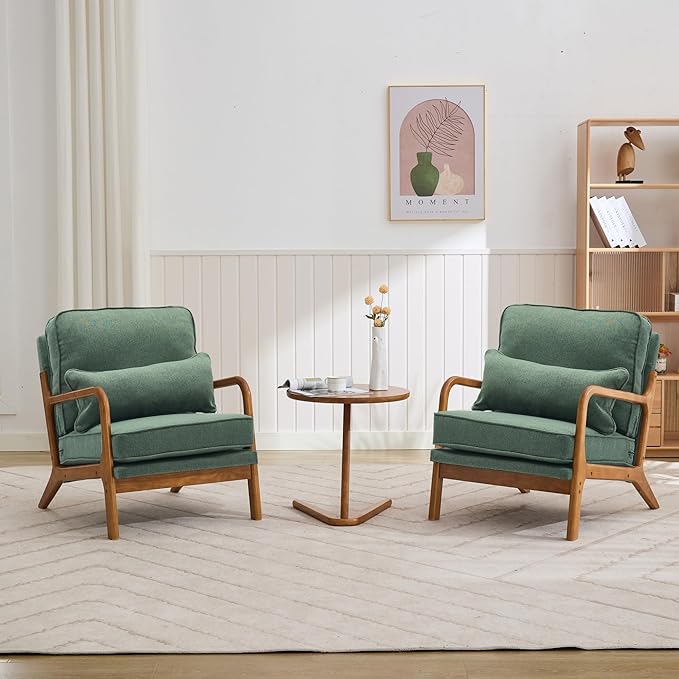 SEYNAR Mid-Century Accent Chair Set of 2, Linen Fabric Lounge Chair with Wide Armrest,13-16.5" Low Seat Height Armchair with Lumbar Pillow & Solid Wood Frame for Living Room, Bedroom, Balcony(Green)