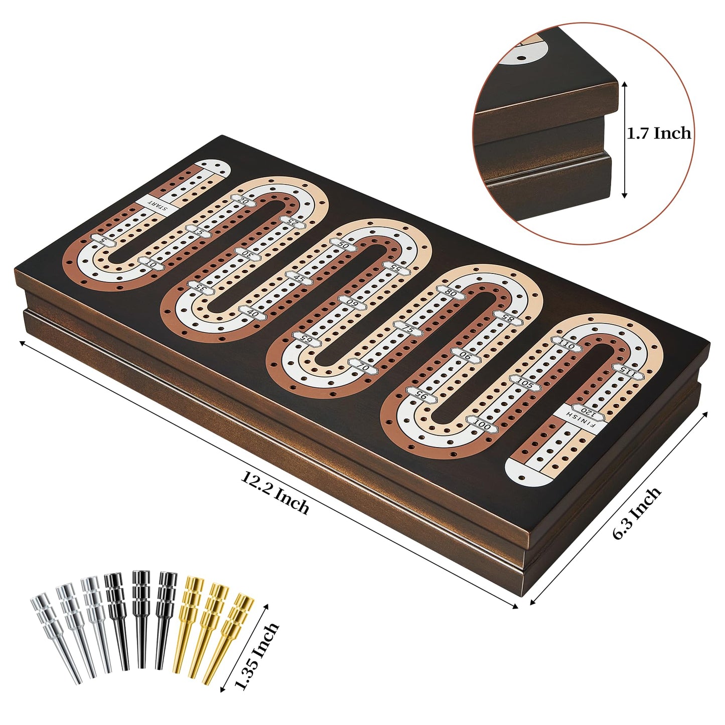 ELONGDI Wooden Cribbage Board Game Set with Magnetic Lock and Large Storage - 9 Metal Pegs & 2 Deck of Playing Cards,Continuous 3 Track Board Travel Portable Cribbage Game for Family