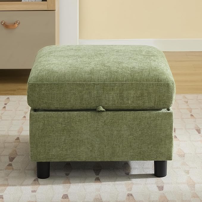 WUTUTUEE 25" Square Storage Ottoman for Modular Sectional Sofa, Convertible Couch Footrest with Hidden Compartment, Chenille Upholstered Coffee Table & Extra Living Room Seating, Green