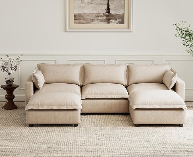 chairus 97" Modular Sectional Sofa with 2 Movable Ottoman Upholstered Deep Seat Linen Couch Set with Soft Pillows U Shaped Sofa Couch for Living Room, Apartment, Reception Room, 3-Seater/Oatmeal