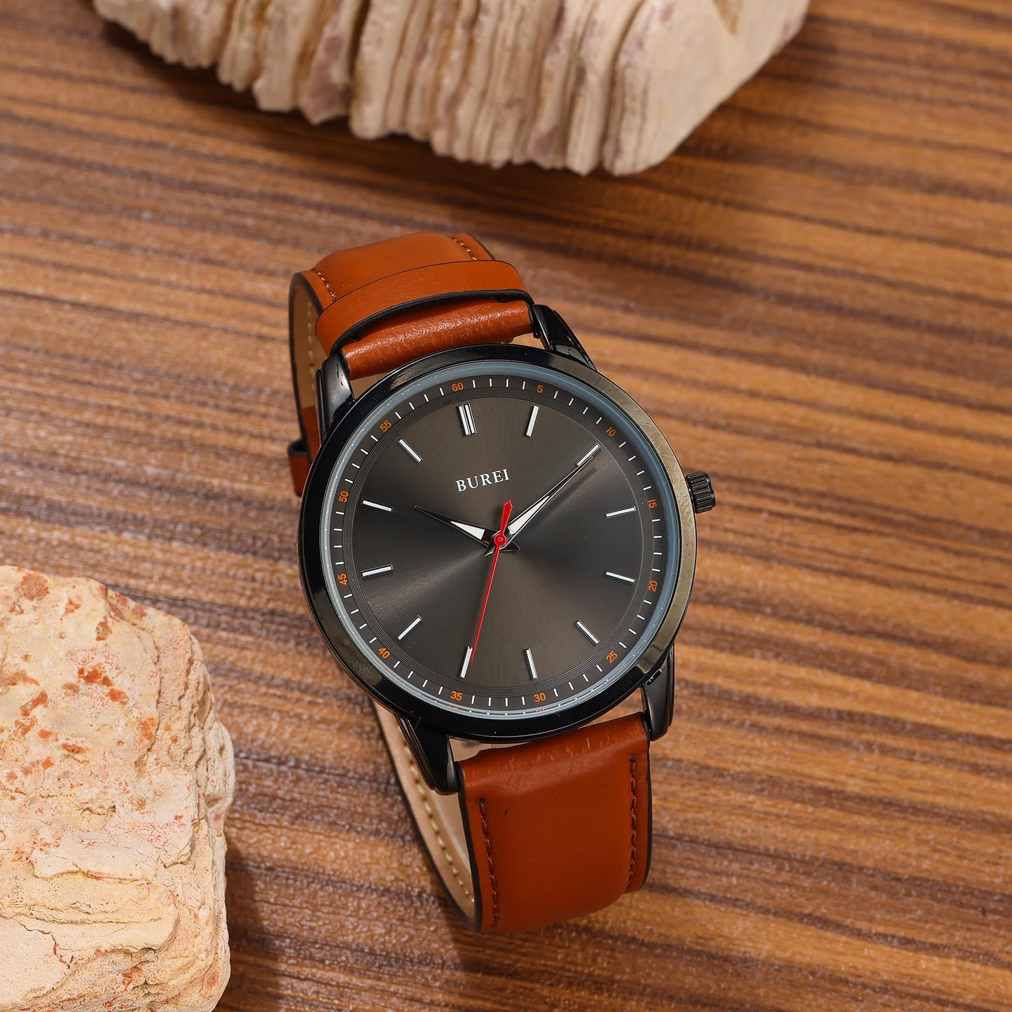 BUREI Mens Fashion Watches Brown Leather Analog Quartz Waterproof Watch Dress Minimalist Wrist Watches for Men, Gift for Men (Red Black Brown)