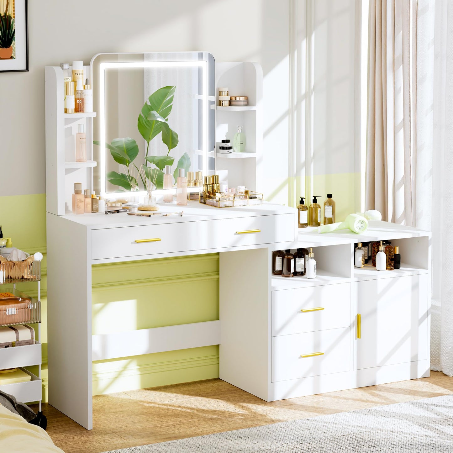 Pamapic 13 Storage Vanity Desk with Lighted Mirror, Makeup Vanity with Power Outlet, White Dresser with Mirror, Dressing Table with 4 Drawers, 8 Shelves and Cabinet, 3 Lighting Colors, Silent Slides