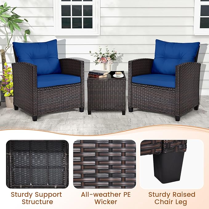 ORALNER 3 Pieces Patio Furniture Set, Outdoor Wicker Conversation Set Rattan Chairs with Cushions, Glass Coffee Table, Bistro Set for Front Porch Balcony Garden Deck Poolside (Navy)