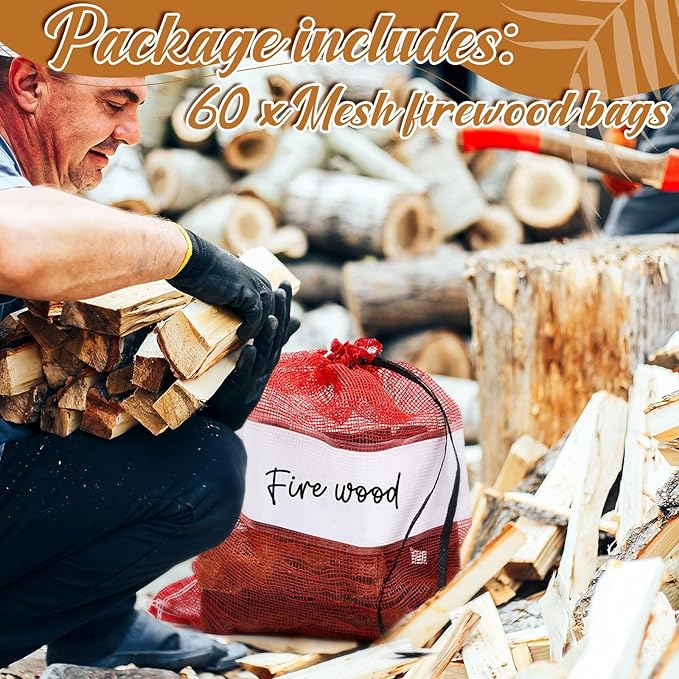 60 Pcs Onion Bags Reusable Mesh Produce Storage with Drawstring Firewood Bags Onion Potato Storage Sacks for Garden Vegetable Fruit Produce Packaging Supplies (22 x 28 Inch)
