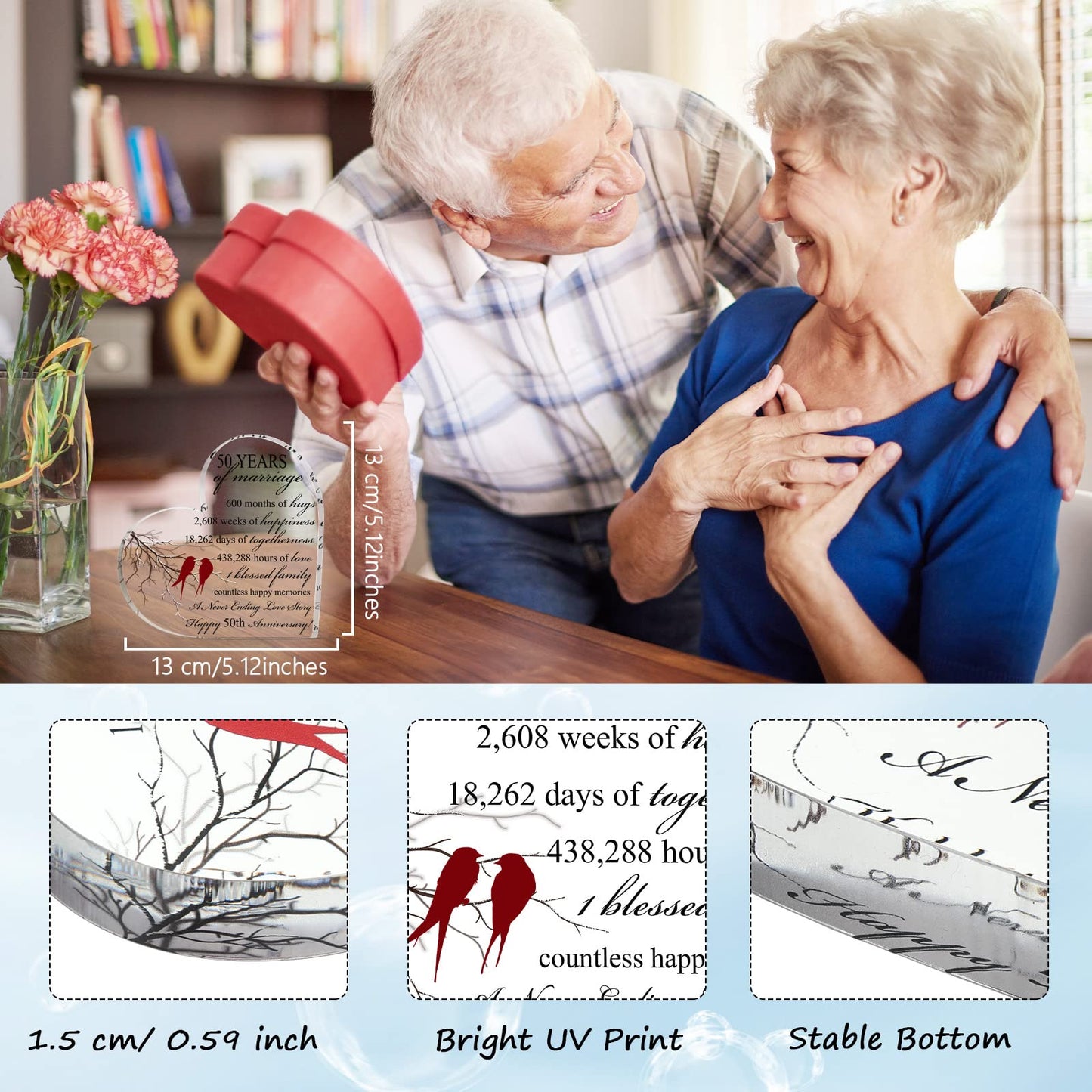 3 Pcs 50th Anniversary Wedding Gifts for Couple Parents Husband Wife Golden Wedding 50th Years of Marriage Heart Keepsake 2 Pcs Insulated Mr and Mrs Wine Glasses Grandparents Gifts from Grandkids