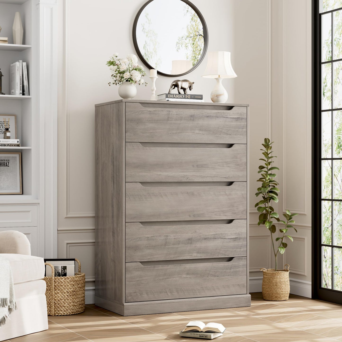 HOSTACK 43.3" Tall Modern 5 Drawer Dresser for Bedroom, Large Chest of Drawers with Storage, Wood Clothes Storage Organizer with Cut-Out Handle, Accent Storage Cabinet for Living Room, Ash Gray