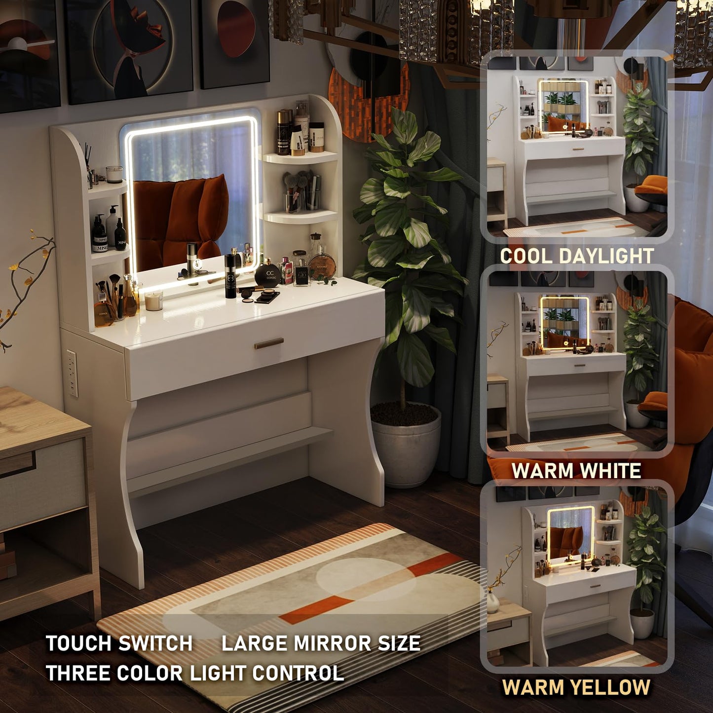 CFTEL Vanity Desk, Makeup Vanity with Mirror and Lights, White Makeup Vanity Table with Big Drawer, Power Outlet, Stronger Links, for Bedroom, Dressing Room