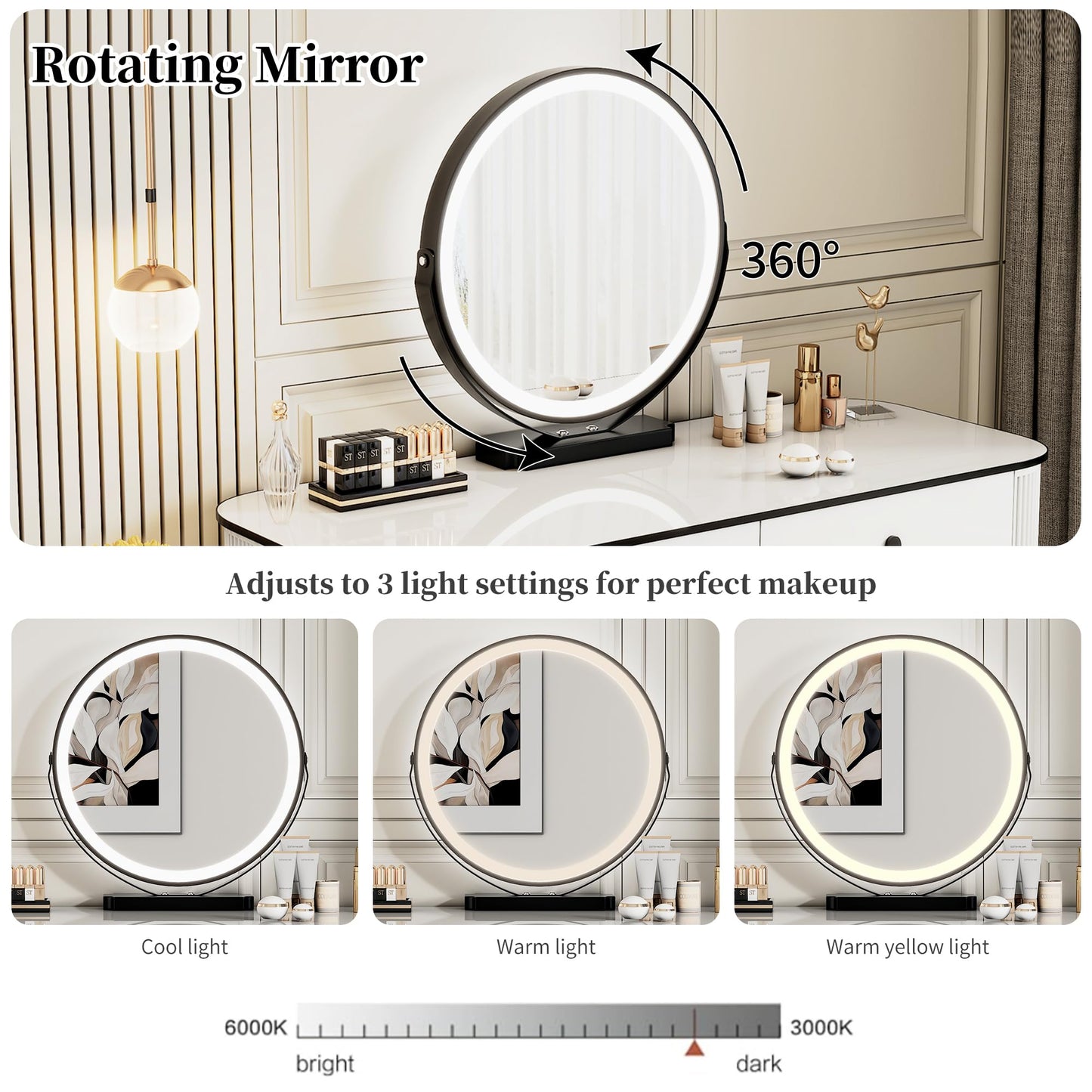 KDCAS Modern Vanity Desk with Mirror and Led Lights, Small Retractable Makeup Combo with Adjustable Cabinet, Dressing Table Set with 5 Drawers Storage for Bedroom, White