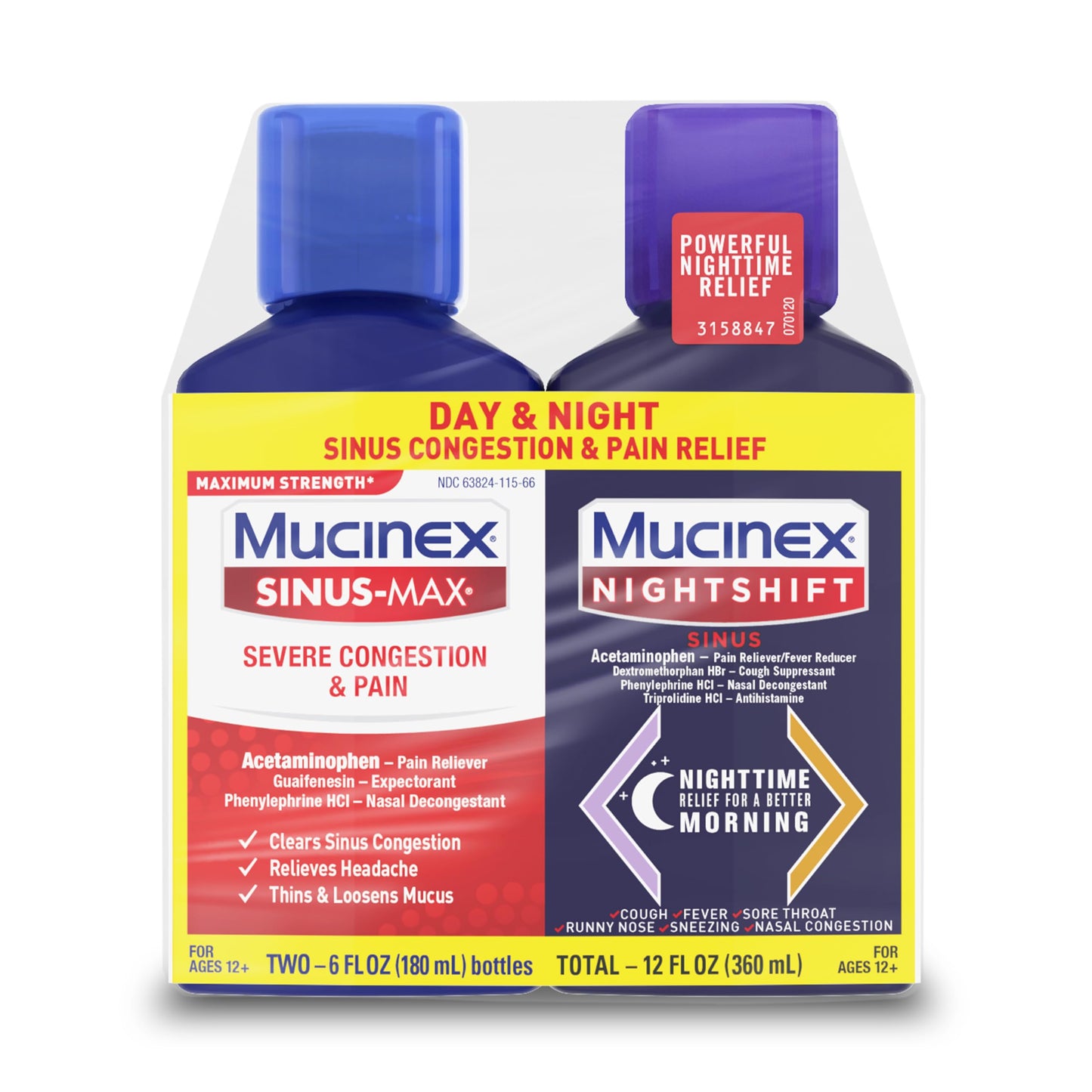 Mucinex Maximum Strength Sinus-Max Severe Congestion & Pain + Nightshift Sinus Liquid, Cold and Flu Medicine for Adults, Over-The-Counter Medication for Multi-Symptom Relief, 2x6 Fl Oz