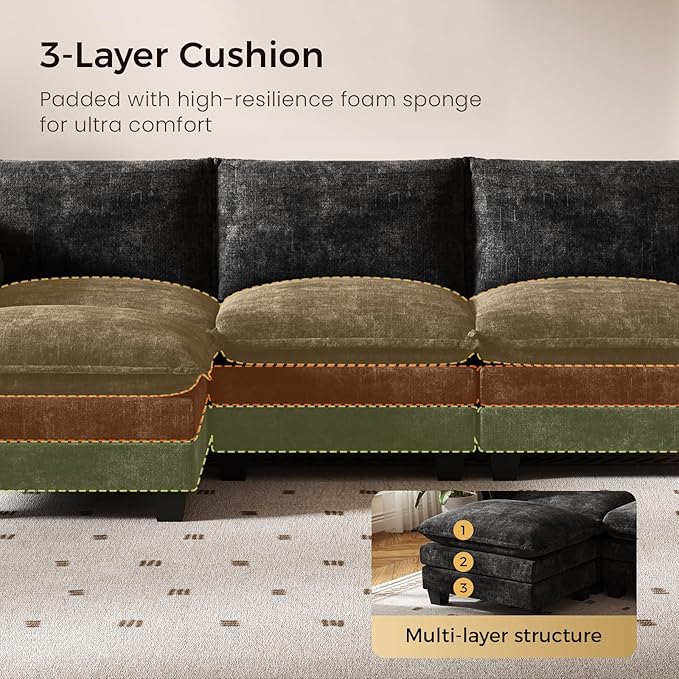 KKL 120" Modular Sectional Sofa, U-Shaped 6 Seater Convertible L-Shaped Cloud Couch with Ottoman, Chenille Modern Sectional Couches for Living Room, Apartment, Black