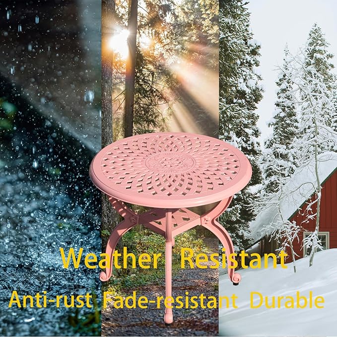 WILOUNGE Cast Aluminum Outdoor Side Table,Small Patio Table,Outdoor Coffee Tables for Patio,Garden,Balcony, for All Weather(Pink, Round)