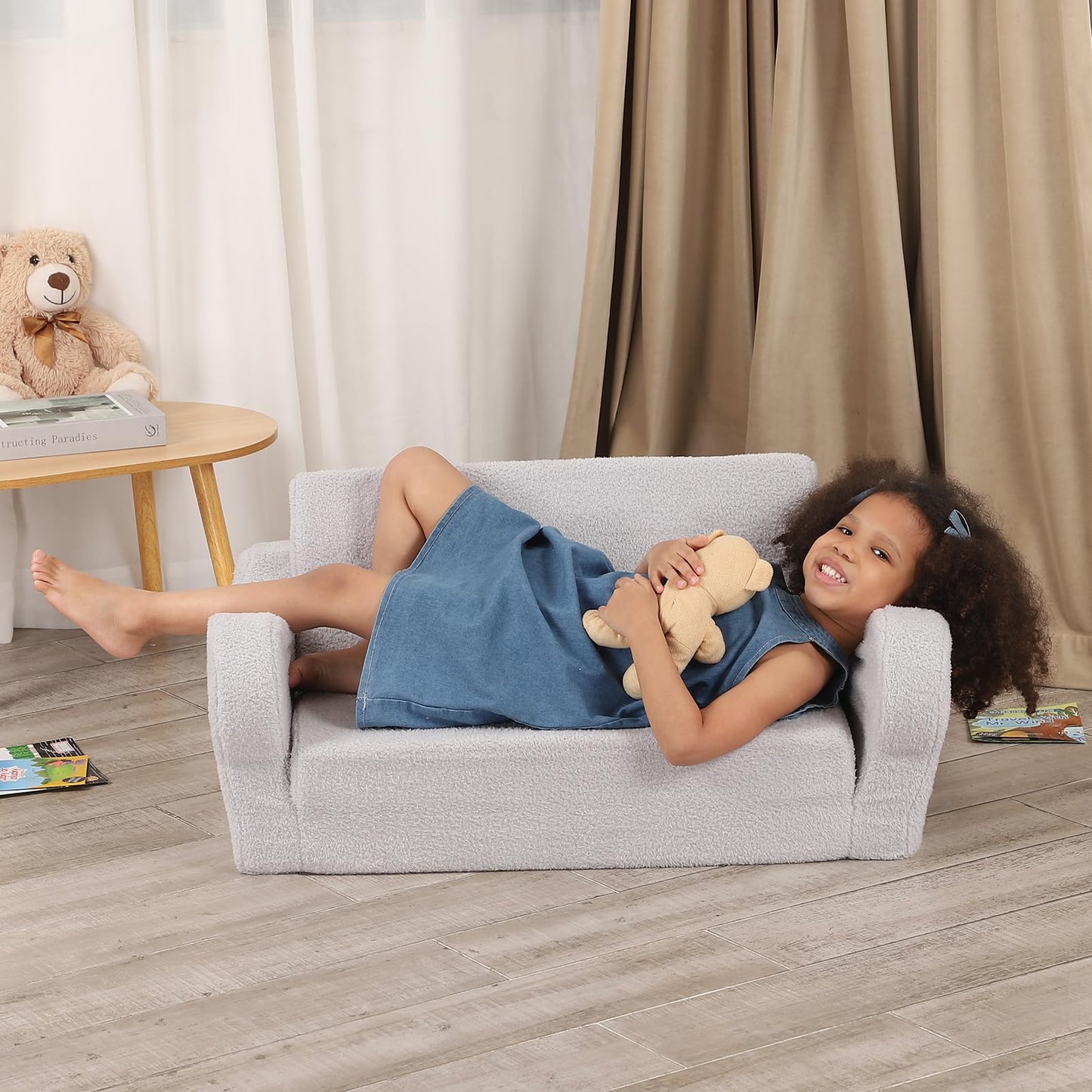 BestRoyal Extra Wide Toddler Chair, 2-in-1 Toddler Couch Fold Out, Convertible Sherpa Sofa to Lounger for Boys & Girls, Grey