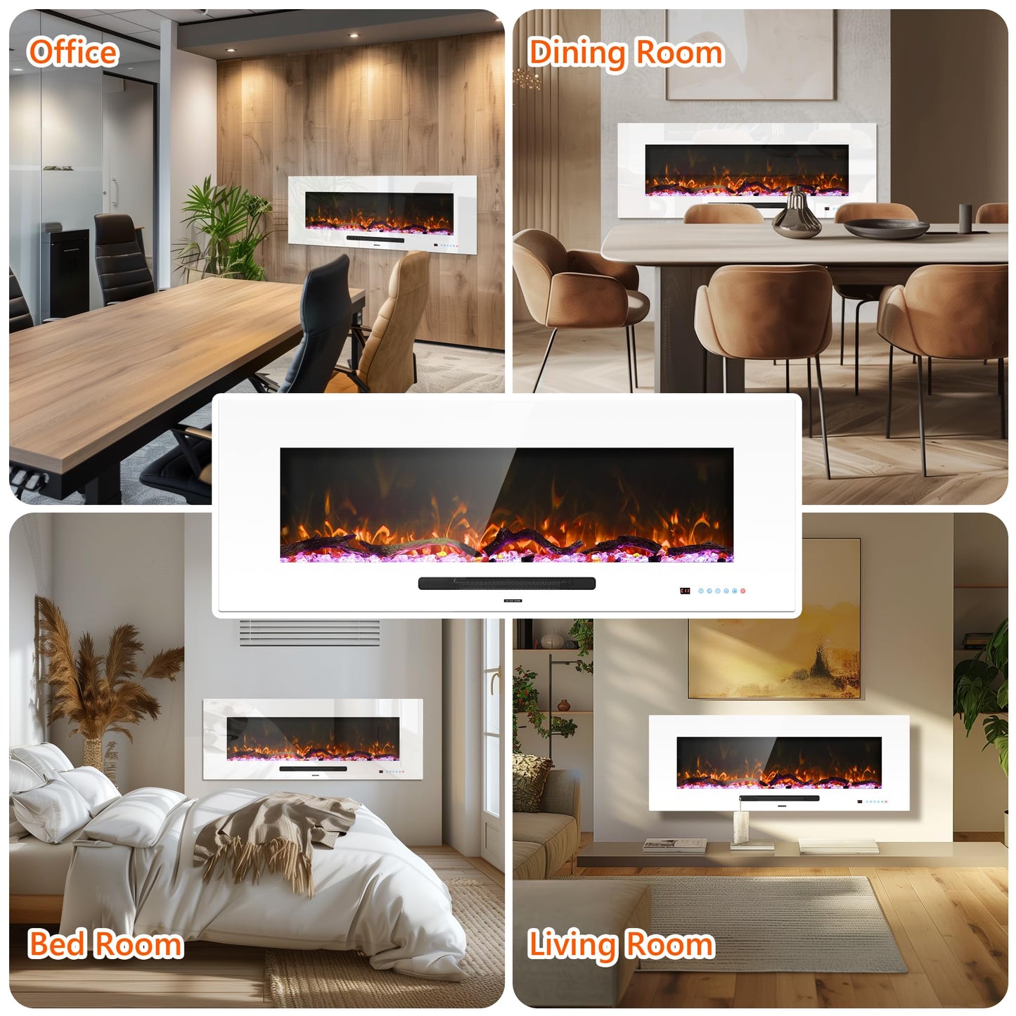 Dreamflame 50" Electric Fireplace, Recessed & Wall Mounted Fireplace Heater 13 * 13 Colors Flame &Fuel Bed w/5 Dimmer, Touchscreen &Remote Control Temp, Overheating Protect, Hardwired, 1500W, White