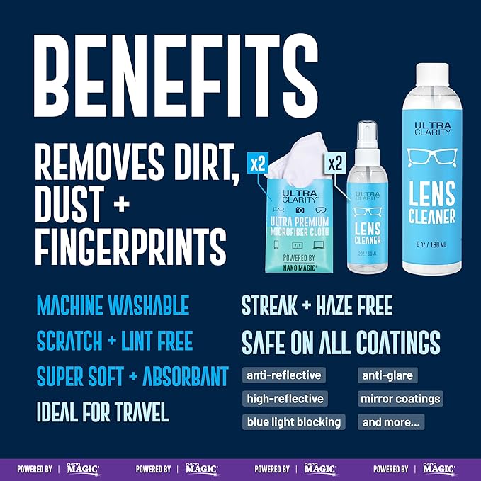 Powered by Nano Magic Eyeglass Lens Cleaning Spray | 10oz Value Pack | 2 2oz Sprays, 6oz Refill, 2 Microfiber Cloths | Ideal for Glasses, Phone, Screens, Optic Surfaces Coated Surfaces
