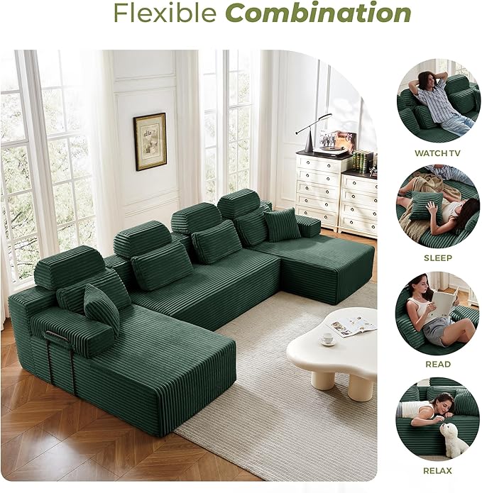 141" U-Shaped Cloud Modular Sectional Sofa with Chaise & Headrest, Boneless Deep Seat Plush Corduroy Couches for Large Living Room, No Assembly Required (Green, 141" U-shapred Chaise)
