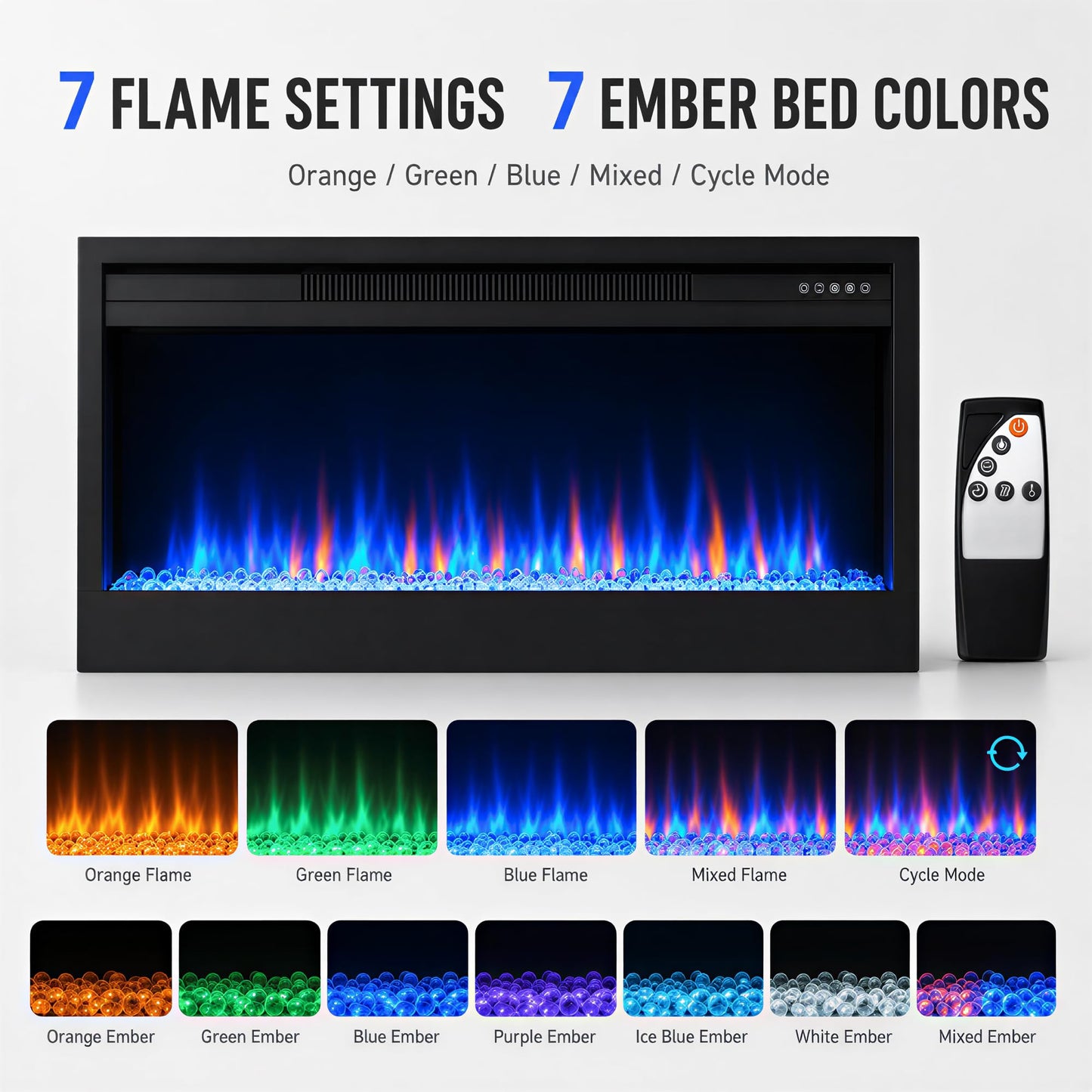 MEGAWISE 43 Inch Recessed Electric Fireplace Heater, Built-in Wall Fireplace Insert, 1400W, Remote & Touch Control, 7 Flame & Ember Bed Colors, Adjustable Thermostat, Timer, Black