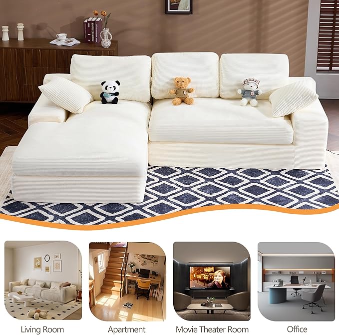 98.4" Cloud Modular Sectional Couch with Chaise,L-Shaped Modern Upholstered Sofa with Deep Seat,Corduroy Sectional Couches for Living Room and Bedroom,No Assembly Required(Beige)