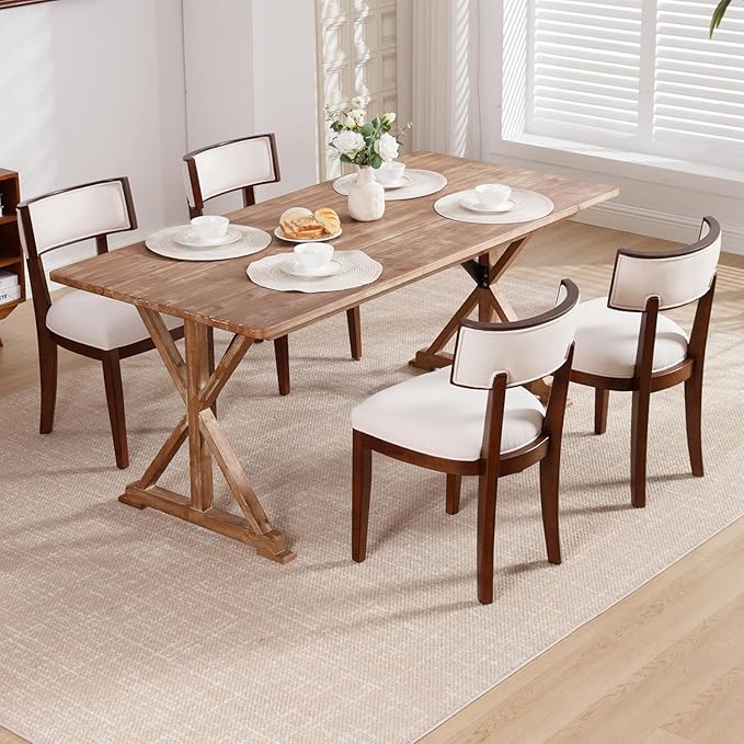 DM Furniture Dining Chairs Set of 4 Linen Fabric Upholstered Dining Room Chairs with Curved Backrest Mid Century Modern Farmhouse Kitchen Chair Solid Wood Side Chairs for Living Room/Restaurant