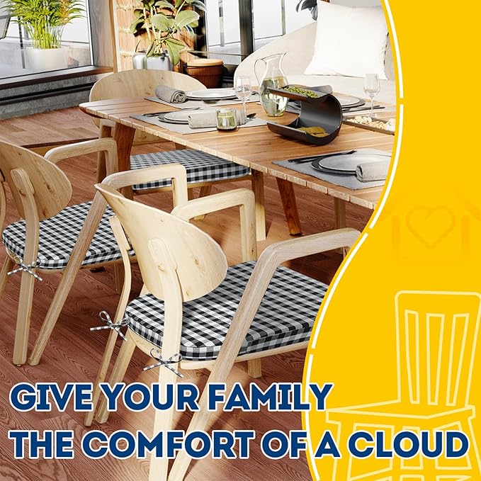 AAAAAcessories D-Shaped Chair Cushions, 2" Thick Dining Chair Pads with Ties and Removable, Machine-Washable Cover, 17" x 16", Set of 6, Checkered Black/White