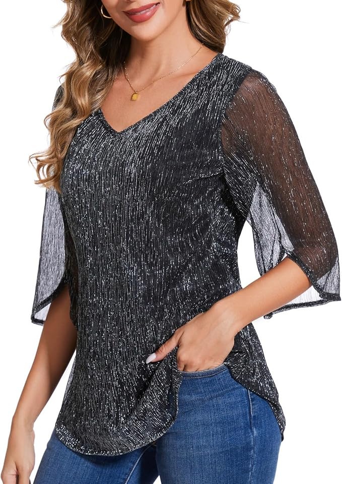 BILIKE JOMEX Women's 3/4 Sleeve Glitter Blouses Dressy Sparkly Double Layers Mesh Tops