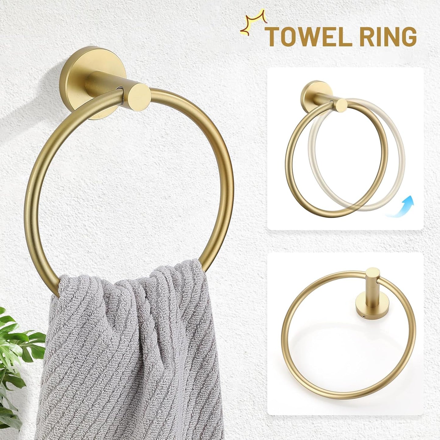 TURS Brushed Gold 5 Piece Bathroom Hardware Set, SUS304 Stainless Steel Bath Towel Bar Set, 23.6 Inch Round Bathroom Accessories Kit Wall Mounted
