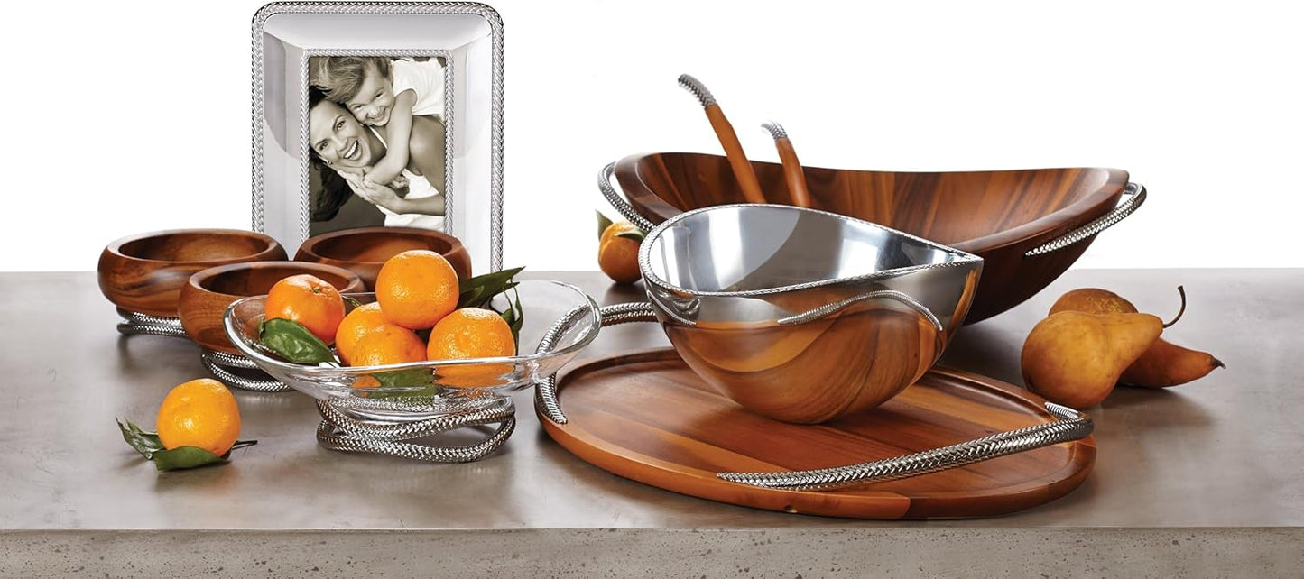 Nambe Braid Salad Bowl with Servers - Acacia Wood Bowl with Chrome Handles - 16" Large Serving Dish with 12” Serving Utensils for Entertaining & Dining, Durable & Stylish - Designed by Sean O’Hara
