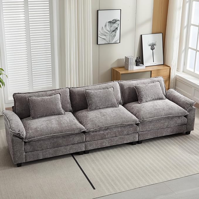 Oprisen 120" Modular Sectional Sofa, Comfy Cloud Couch Sectional Sofa, Chenille Sofa Sleeper Deep Seat Sofa with Throw Pillows for Living Room (Light Gray, 120"- 3 Seater)