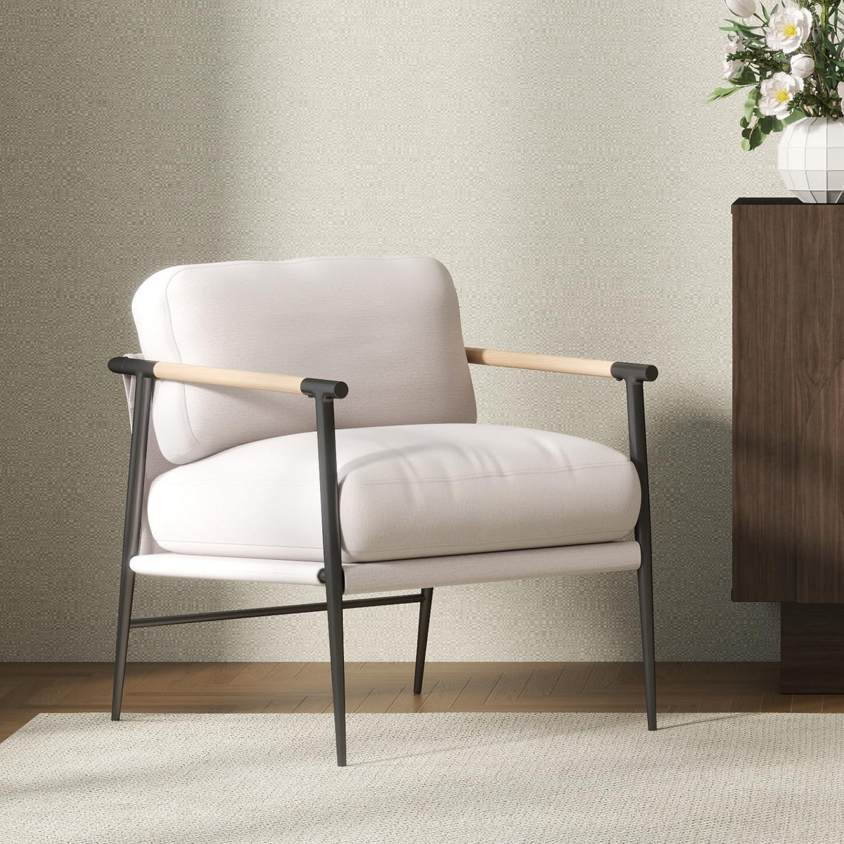 Ya-Home Mid-Century Accent Chair, Soft Armchair Chenille Fabric Lounge Chair with Black Metal Legs, Upholstered Leisure Chair for Living Room Bedroom Reception Room, 1PC, Beige