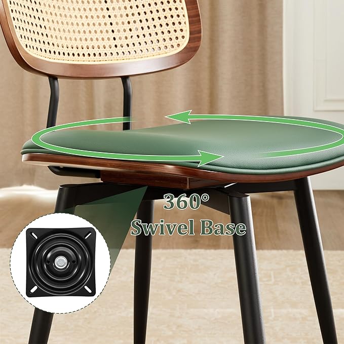 Quenvo Swivel Dining Chairs with Rattan Back, Modern Green Leather Dining Chairs Set of 6, Swivel Dining Room Chairs Kitchen Side Chairs with Metal Legs and Upholstered Seat for Kitchen & Restaurant