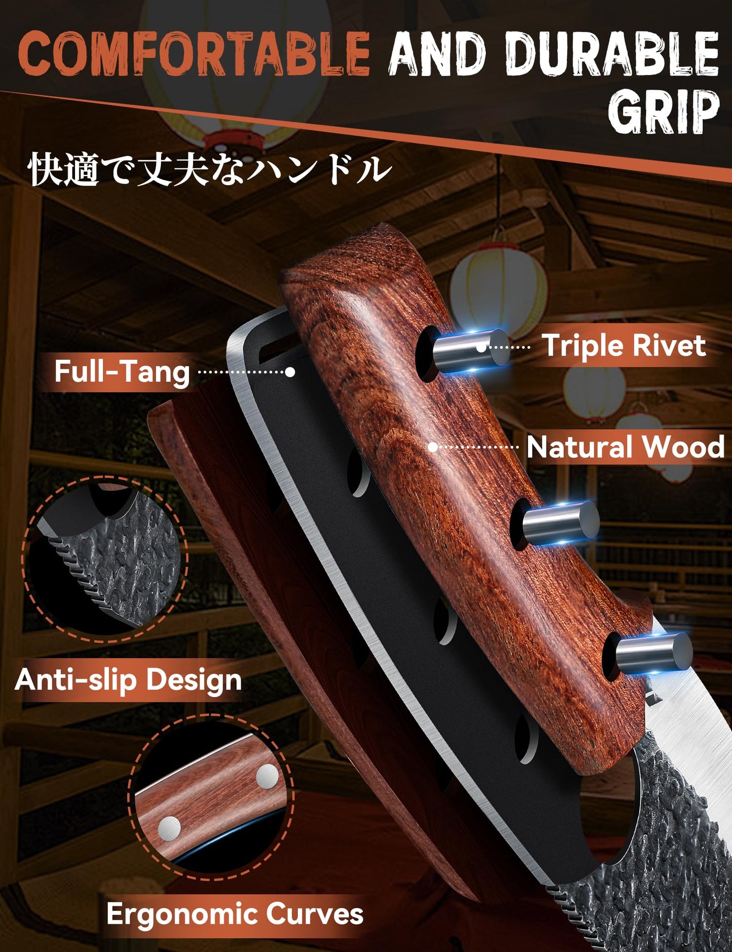 Huusk Viking Knife Set of 2, Japanese Butcher Knife Set for Meat Cutting, Hand Forged Boning Knives with Wood Handle, High Carbon Steel Japanese Knives for Camping, BBQ, Father's Day Gifts for Dad