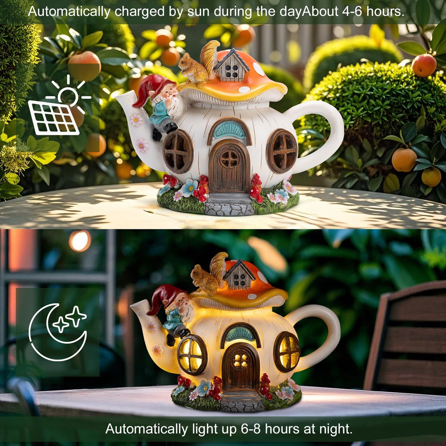 twinbling Mushroom Fairy House Garden Decor Solar Light – Outdoor Gnome Statue with Squirrel, Resin Teapot Decorative Figurine for Patio, Lawn, Yard & Balcony, for Women, Mom, and Home