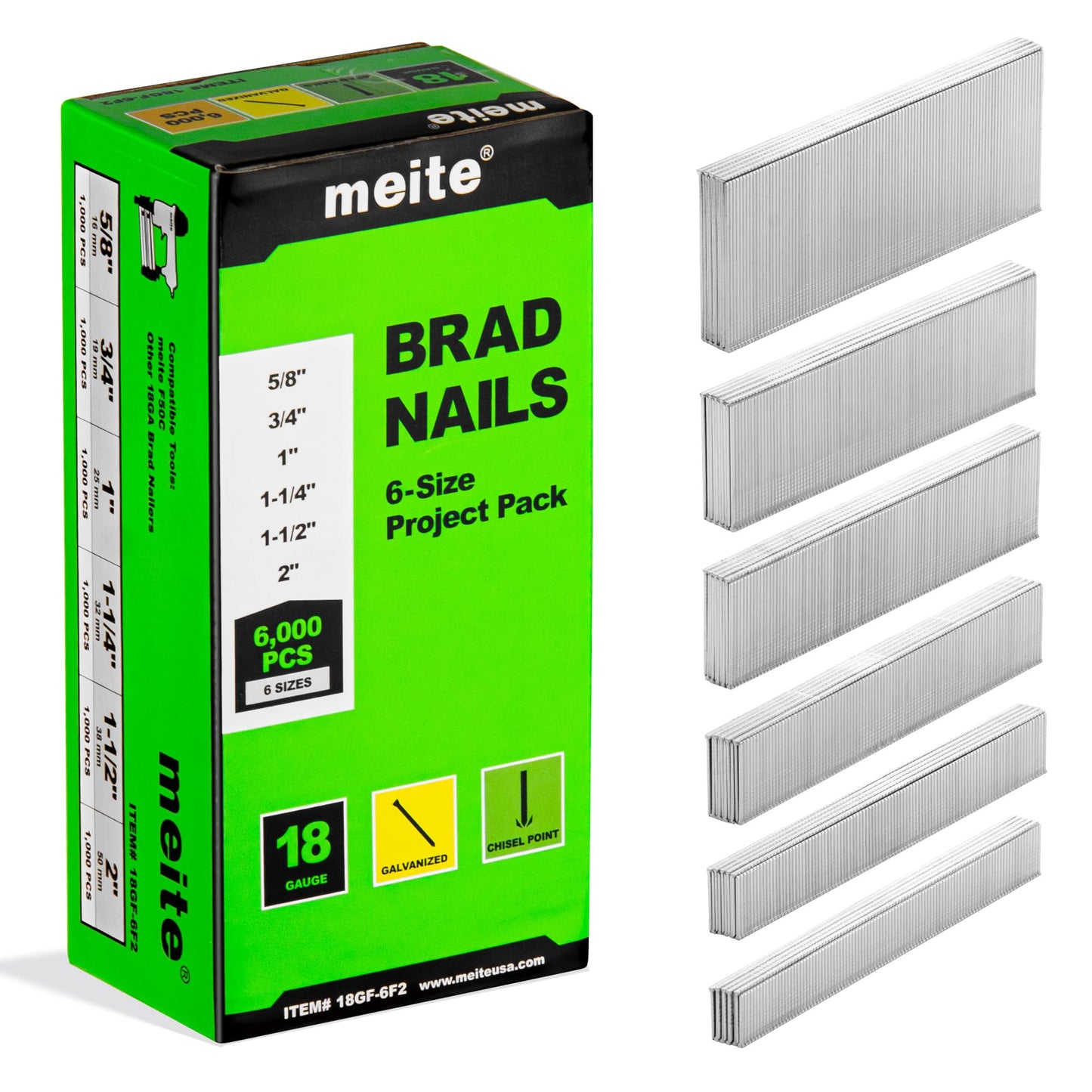 meite 18 Gauge Brad Nails, Assorted 6 Sizes (5/8", 3/4", 1", 1-1/4", 1-1/2" and 2-Inch) Galvanized Small Finishing Nails for Pneumatic, Electric 18GA Brad Nail Gun Nailer, Project Pack 6,000-Count