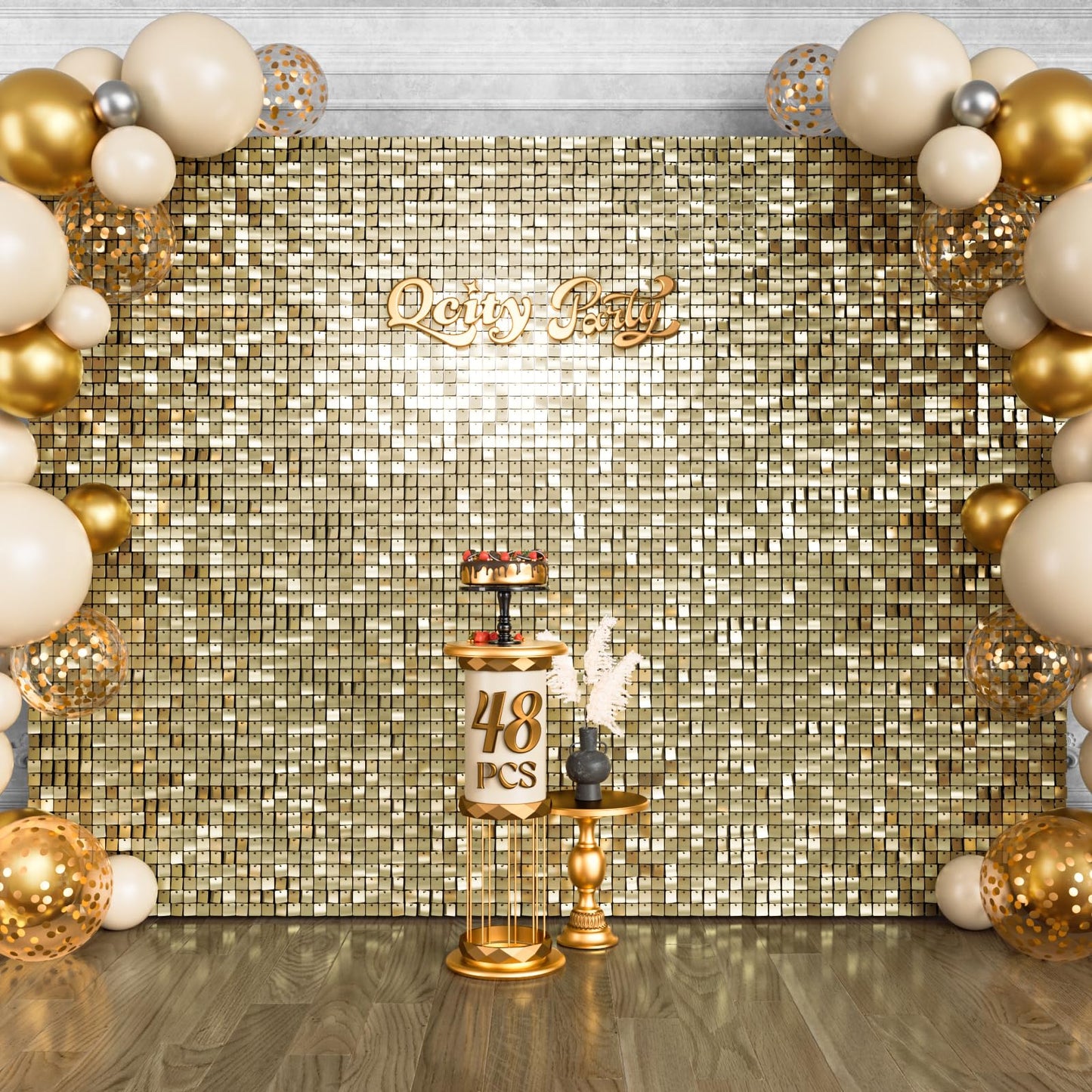 Qcity Light Gold Shimmer Wall Backdrop 48PCS, Black Back Not See-Through Design, Square Sequin Glitter Backdrop Panel, Perfect for Outdoor Events, Birthdays, Wedding and Party Decoration