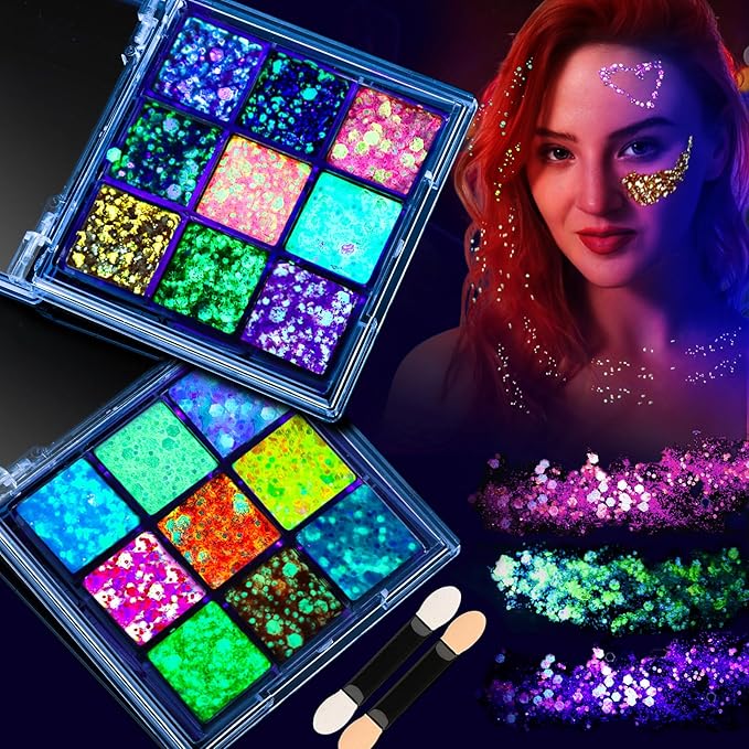 FANDAMEI Glow in The Dark Glitter, 2 Glitter Gel Palette 18 Grids Face Body Hair Glitter for Glow in The Dark Glitter Make...