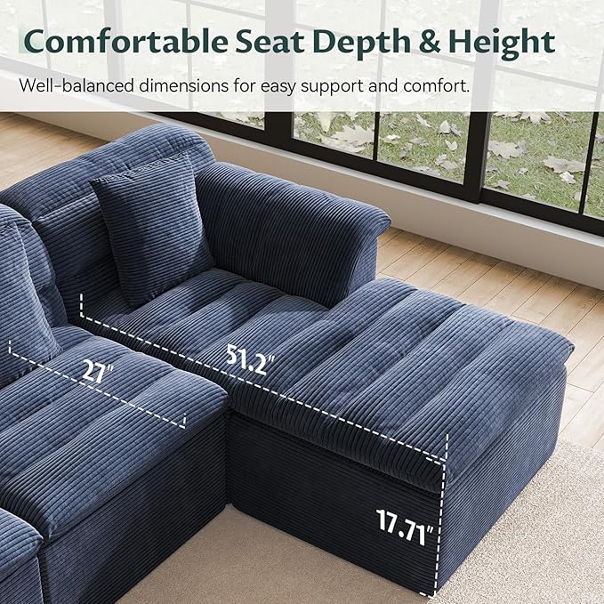 SUNG7 142" Modular Sofa with Ottoman, Boneless Cloud Couch with Deep Seat, Comfy U-Shape Corduroy Couches for Living Room, No Assembly Required, Blue